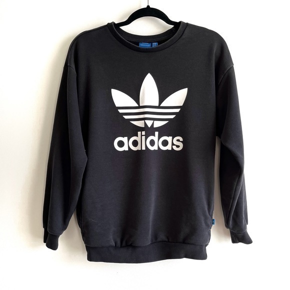 Adidas Black Trefoil Oversized Crew Neck Sweater Pockets Size Xs